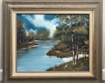 Vintage Landscape Oil Painting Framed & Signed, River Forest Serene Water Scene