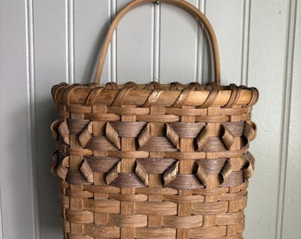 Vintage Handmade Woven Hanging Basket Wall Pocket Signed & Dated VTG Wicker Boho
