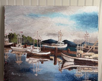 Vintage Nautical Harbor Scene Original Impasto Oil Painting by Sara Fowler VTG