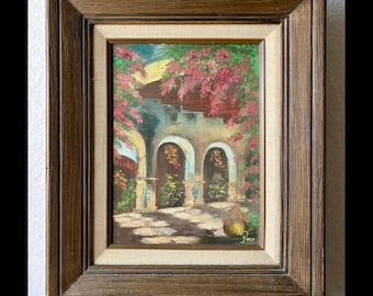 Vintage Impressionist Oil Painting Signed & Framed Archway Mission Courtyard VTG