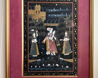 Vintage Mughal Indian Painting Radha & Krishna Love/Romance Real Gold Ink VTG