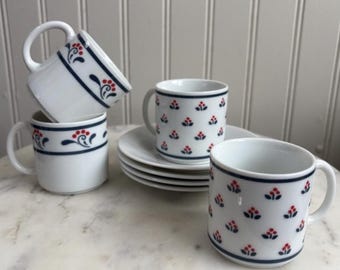 Vintage Copco Fine Porcelain Espresso Mug/Saucer Set of 4 White/Blue/Red 1982