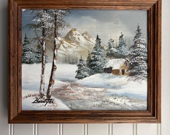 Vintage Winter Cabin Scene Landscape Oil Painting Signed Barrister Cabincore VTG