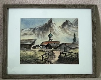 Antique Hermann Richter Original Landscape/Town Pastel Drawing “Dorf in Tirol” German/Austrian 1800s 1900s Classical Farmhouse