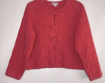 Vintage Democracy Quilted Embroidered Kimono Jacket Women’s L Petite Red Tencel VTG