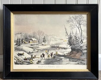 Antique Currier & Ives Hand-Colored Lithograph Winter Snow Scene Americana