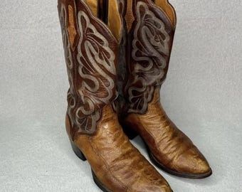 Vintage El Dorado Ostrich Leg Western Cowboy Boots-Men’s 9-Brown/Tan-Leather-VTG-80s-Southwestern-Rodeo-Classic-Leather-Eclectic-Festival