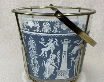 Vintage Jeanette Blue and White Wedgwood-Style Glass Ice Bucket with Brass Frame