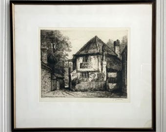 Antique George Goodway Etching Art “The Old Round House St Albans” Early 1900s Ye Olde Fighting Cocks Pub