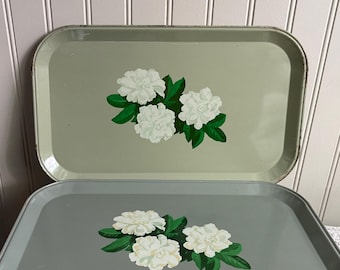 Vintage Han-D Metal Tray Set of 2 Floral Design Gray & White Flowers Retro VTG