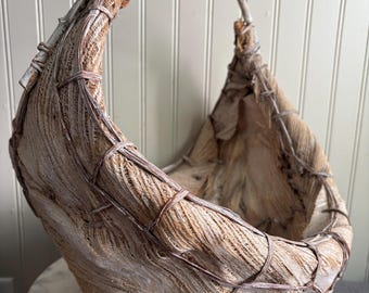 Primitive Palm Husk & Bent Twig Handmade Harvest Basket Rustic Vintage VTG Fiber