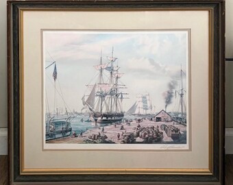 Roy Cross Signed Collotype Print “New Bedford Whaler, Warping In” Framed Certificate of Authenticity