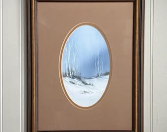 Vintage Original Watercolor Winter Landscape Scenery Blue & White Tan Oval Matted Framed