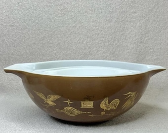 Vintage 1960s Pyrex Mixing Bowls Set, Early American White/Brown/Gold