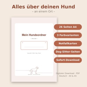 Könnte beinhalten: Ein digitaler Hundeplaner mit dem Titel Alles über deinen Hund, inklusive einer Strichzeichnung eines Hundes, Abschnitten für Gesundheit und Reisen sowie Textfeldern für 26 Seiten A4, 3 Farbvarianten, Notfallkarten und Dog-Sitter-Seiten.