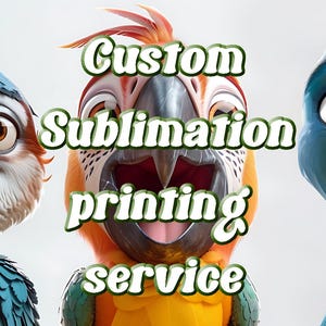 May include: Three cartoon birds with large eyes and open beaks are displayed side by side. The left bird is blue and white, the centre bird is orange and red, and the right bird is solid blue. The text Custom Sublimation printing service is centred.