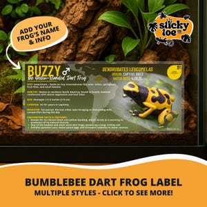 May include: A Bumblebee Dart Frog label with the text "Buzzy the Yellow-Banded Dart Frog." The label includes information about the frog's diet, habitat, size (1.2-2 inches), lifespan, and behavior. The label also has the text "Add your frog's name & info."