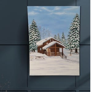 Winter Snowy Cabin Painting , Cozy Cabin in Snow Landscape , Pine Forest Winter Wall Decor , Christmas Gift , Snowy Forest Art