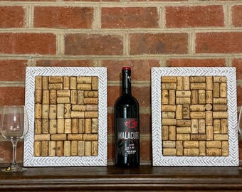 Set of 2 Wine Cork Trivets, Whitewashed Wood Frame, Rustic Kitchen Decor