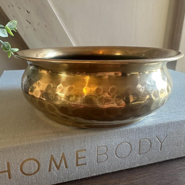 Vintage Hammered Brass Bowl India Green Felt Lined Trinket Catchall Boho Decor