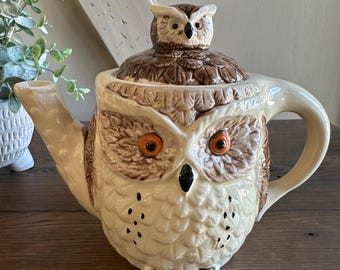 Vintage Enesco Owl Teapot, 1980 Ceramic Figural Tea Pot, Woodland Cottagecore Kitchen Decor