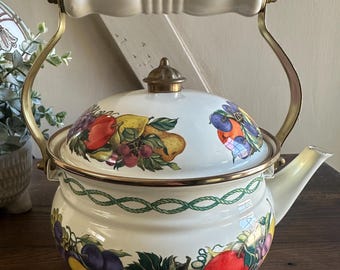 Vintage Enamelware Teapot with Strainer – Fruit Pattern Kitchen Decor, Retro Country Kettle