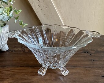 Vintage Footed Etched Glass Bowl with Scroll Handles | Elegant Crystal Style Candy Dish Centerpiece