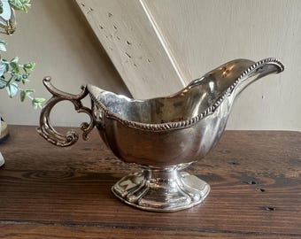 Vintage Silverplate Gravy Boat • Ornate Handle Pedestal Base Farmhouse Serving Piece