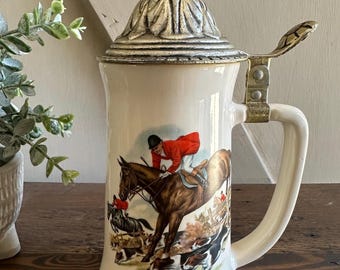 Vintage German Beer Stein – Fox Hunt Scene, Pewter Lid Equestrian Tankard