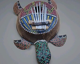 Hand Carved Aboriginal Dot Painted Sea Turtle Thumb Piano Karimba