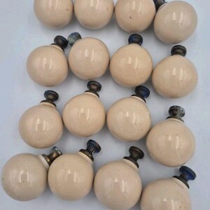 Vintage Beige Porcelain Drawer Pull Knobs Round  1" Ball  Lot 16 No Screws