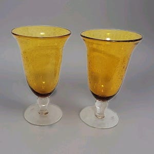 Vintage Amber Bubble Glass Water/Wine Goblet 16oz Set Of 2 Made In China