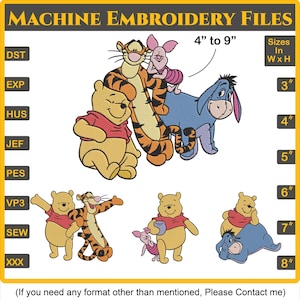 Desenhos de bordado Ursinho Pooh Bordado à máquina Ursinho Pooh e amigos Arquivos de desenho de bordado Ursinho Pooh Tigre Bisonho Leitão