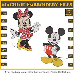 Mickey Mouse Minnie Mouse Embroidery Designs, 2 Designs & 6 Size, Mickey Mouse Girl Machine Embroidery Designs, Instant Download, 8 Formats