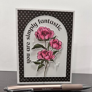 Je bent gewoon fantastisch, Happy Birthday-wenskaart, Stampin' Up-kaart, bruin en wit, roze pioenrozen, handgemaakt, blanco binnenkant