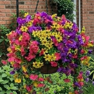 Cesta colgante de flores artificiales, flores artificiales rosas y moradas para exteriores, decoración de primavera y verano para porches y patios.
