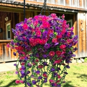 Artificial Hanging Flower Basket, Faux Purple & Fuchsia Cascading Planter, Outdoor Porch Decor, UV Resistant