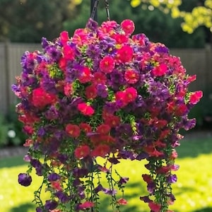 May include: A hanging basket filled with a dense arrangement of vibrant pink and deep purple petunia flowers. The blossoms are clustered together in a rounded shape, with several stems and smaller flower clusters trailing downward from the main base.