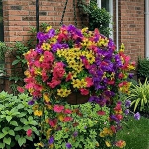 May include: A hanging basket overflowing with colorful flowers in shades of pink, yellow, and purple. The basket is suspended from a black metal hook, creating a vibrant display of blooms. The flowers cascade down, adding a touch of natural beauty to the outdoor setting.