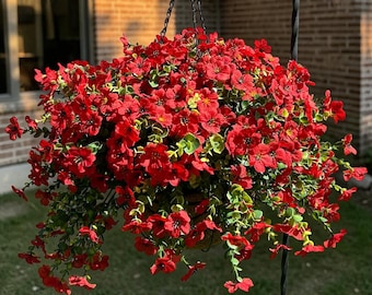 Luxury Solid Red Artificial Hanging Basket | Elegant Faux Floral Arrangement | Vibrant Home Decor |
