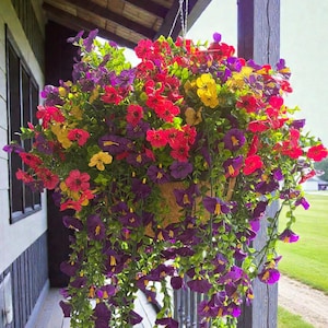 Cesta colgante de flores artificiales de lujo resistente a los rayos UV – Macetero colgante para patio en cascada de color rosa, morado y amarillo para exteriores