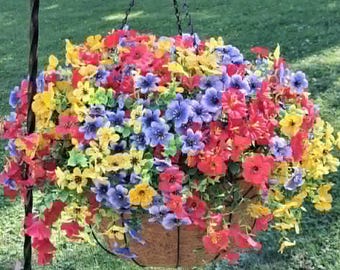 Colorful Artificial Hanging Flower Basket for Porch and Patio, UV-Ray Resistant, Summer Decor