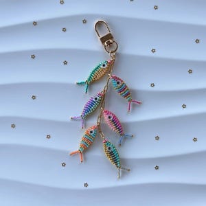Beaded Fish Bag Charm – Gold Keychain with 6 Hand-Beaded Fish