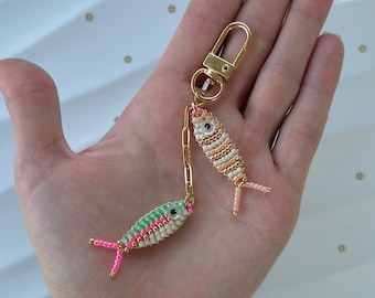Beaded Fish Bag Charm - Gold Chain with 2 Hand-Beaded Fish