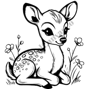 May include: A black and white line art illustration of a young deer sitting in a field of flowers. The deer has large eyes, long eyelashes, and spots on its back. The drawing features bold outlines and simple floral elements surrounding the animal.