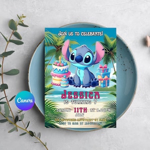 Convite de aniversário editável do Stitch, convite do Stitch, convite para festa de aniversário da Lilo e Stitch, convite para impressão do Stitch, filme do Stitch