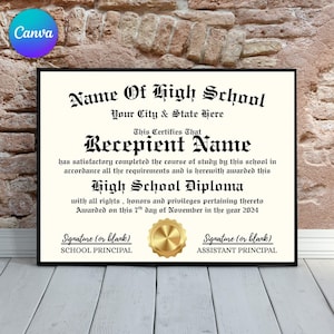 Editable High School Diploma Template, Home School Diploma, High School Diploma, Diploma Replica Template, Digital Download, Canva Template