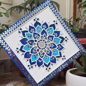 Blue Lippan Art Mandala: Mud Mirror Wall Hanging, Indian Home Decor