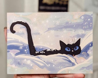 Snowy Black Cat – 5x7 inch art print from artist, matte textured paper 300gsm
