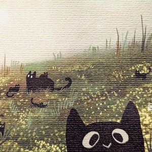 May include: A whimsical illustration of black cats in a field of green grass and yellow flowers. The cats have simple, cartoonish features with white eyes and a smiling mouth. The background is a soft, hazy sky.